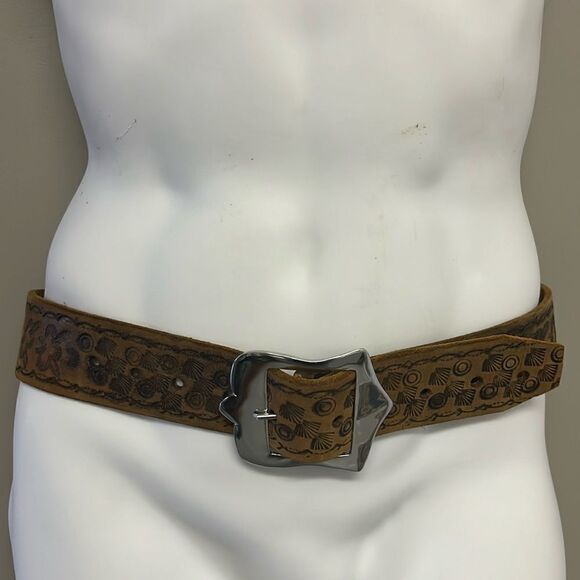 Brown Western Leather Embossed Floral Inspired Belt with Shiny Silver Hardware - Picture 1 of 10
